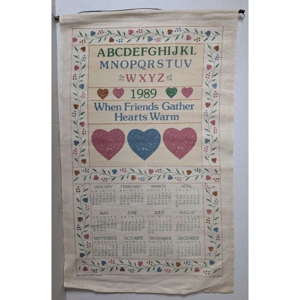 Vintage 1989 Calendar Tea Towel When Friends Gather Hearts Warm Cottagecore Cute